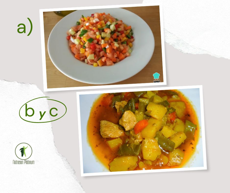 Pipirrana con guiso de patatas con carne de pollo y judías verdes